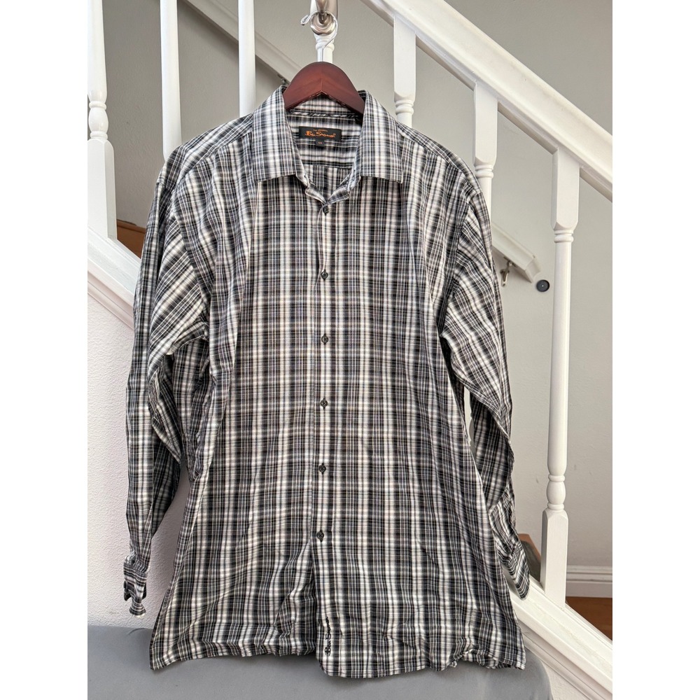 Ben Sherman Mens Black White Plaid Long Sleeve Button Down Shirt Size 44‎ Large